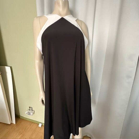 LAUREN Ralph Lauren White Black Sleeveless Midi Dress Open Back Cut Size 16 - Picture 1 of 8